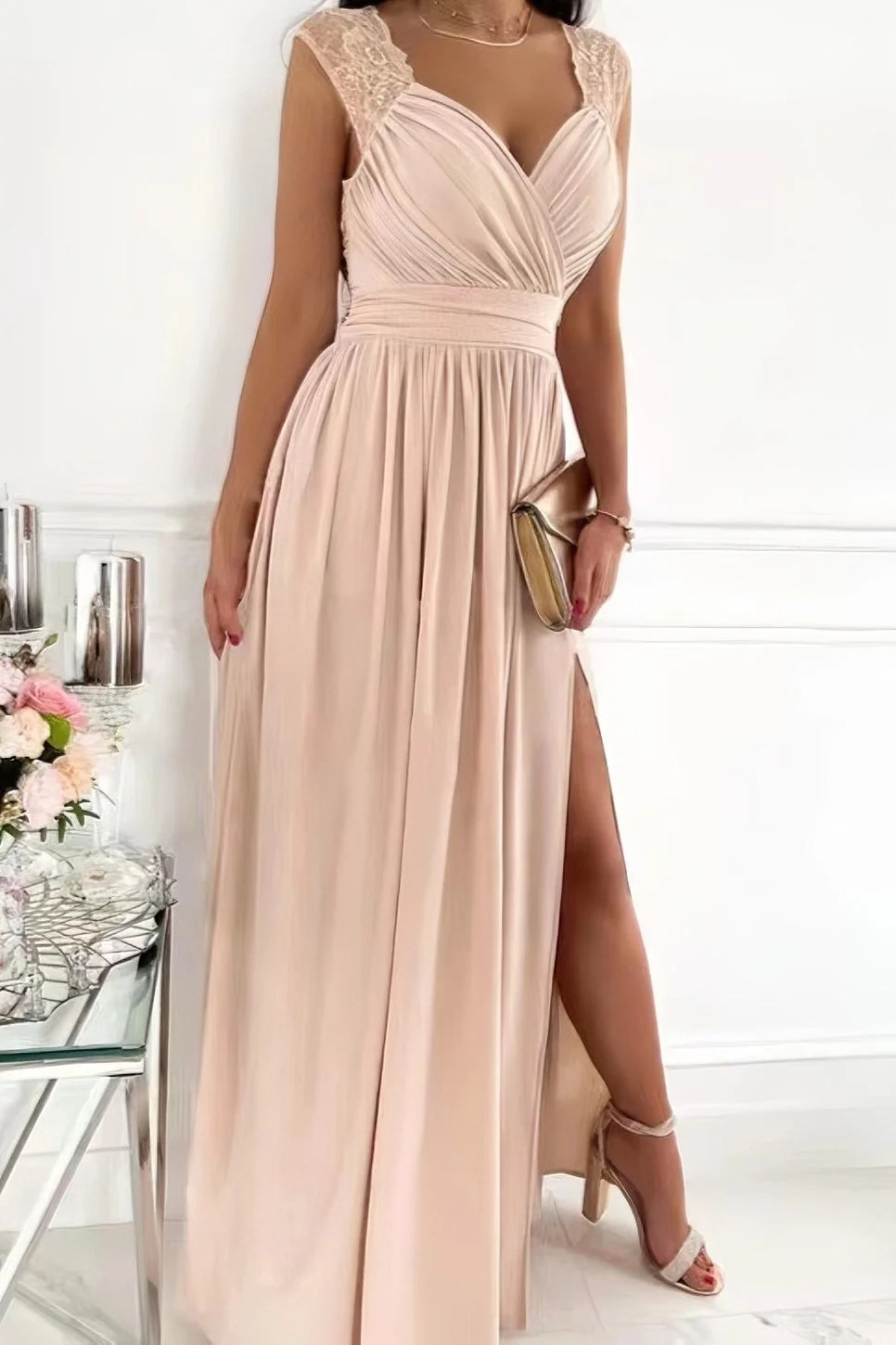 Lace Sleeveless Dress with Hem and Back Cutouts