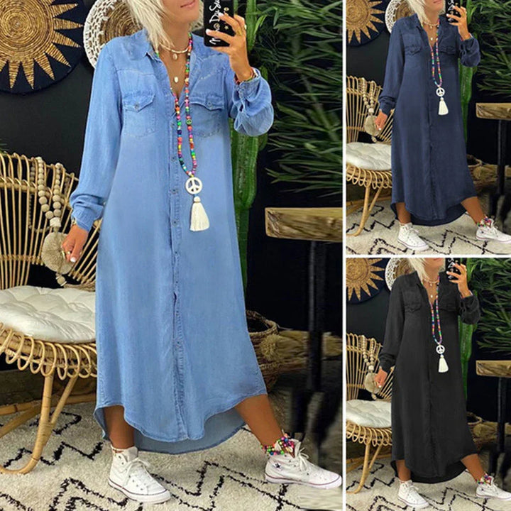 Long-Sleeve Denim Shirt Dress - Relaxed Straight Fit
