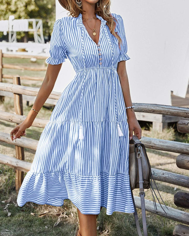 Blue and White Striped Midi Dress with Puff Sleeves