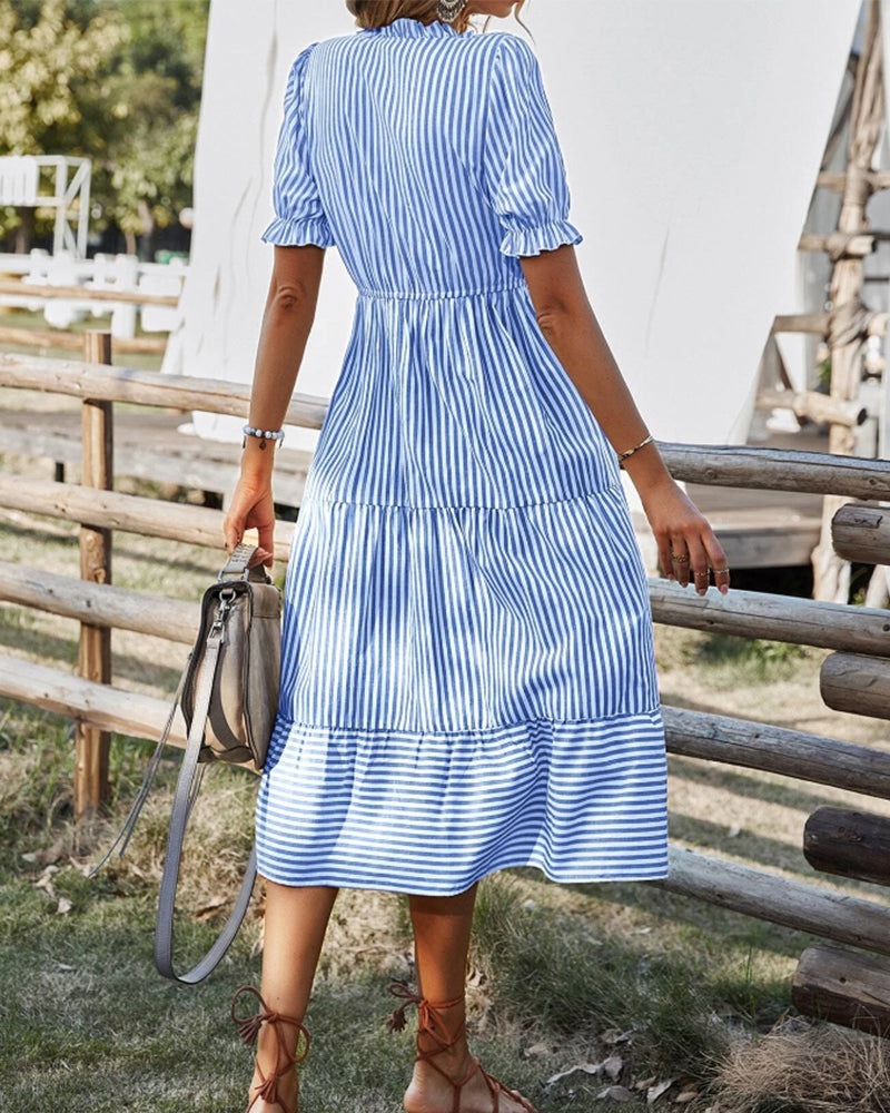Blue and White Striped Midi Dress with Puff Sleeves