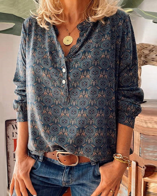 Vintage Print Long Sleeve Blouse with Button-Up Front