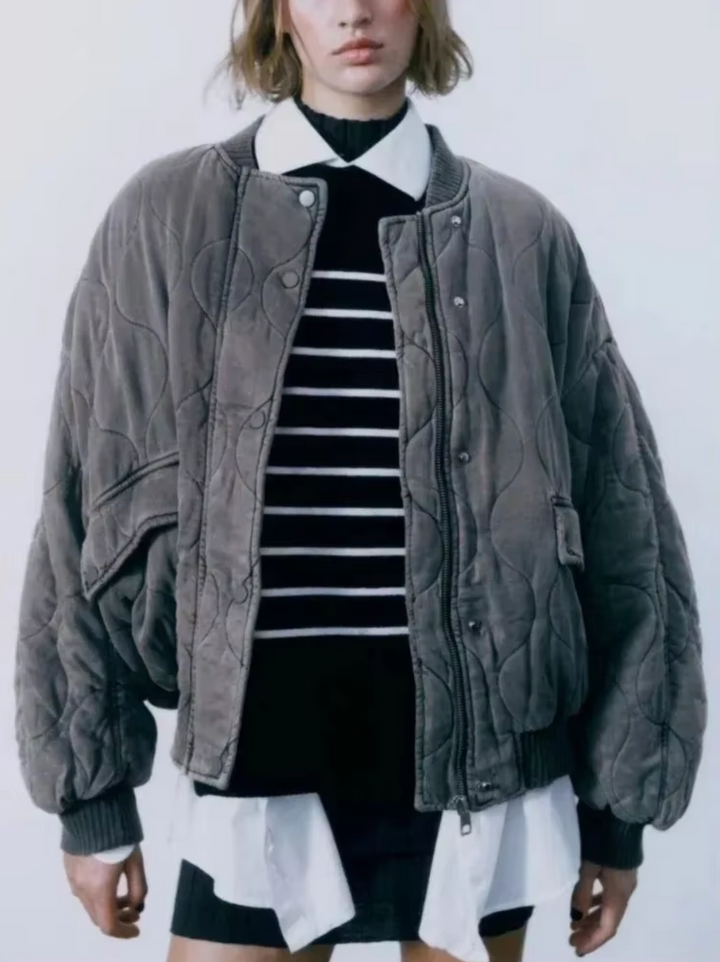 Relaxed Cotton Round Neck Jacket with Bow Detail for Women