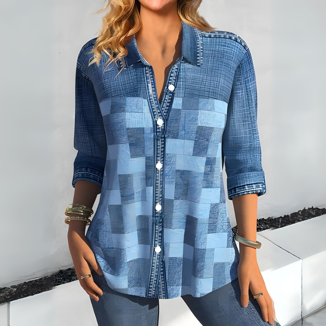 Checked Cotton Blouse with Classic Collar and Button Front