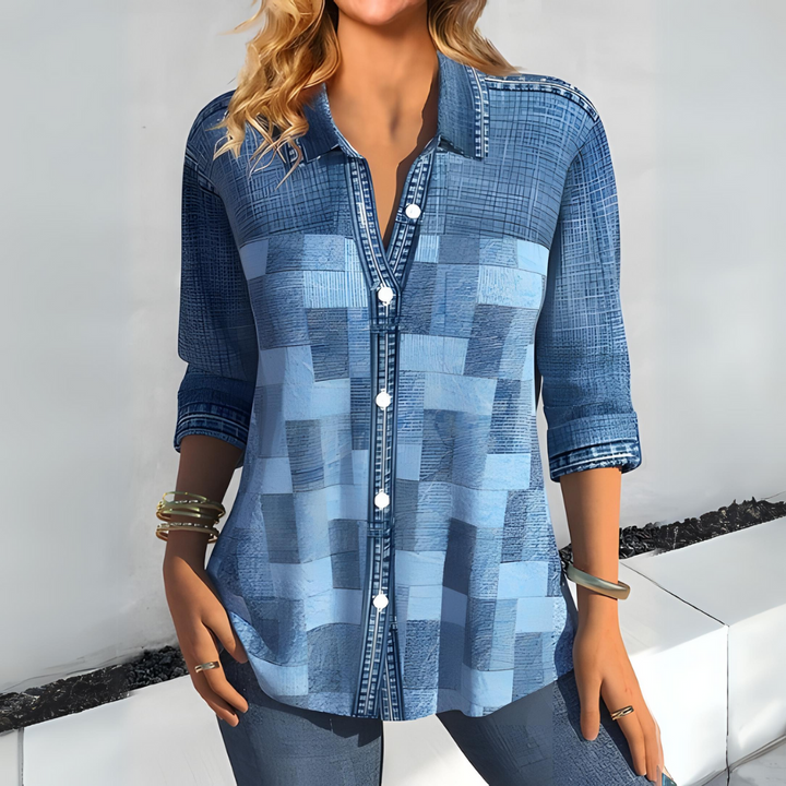 Checked Cotton Blouse with Classic Collar and Button Front