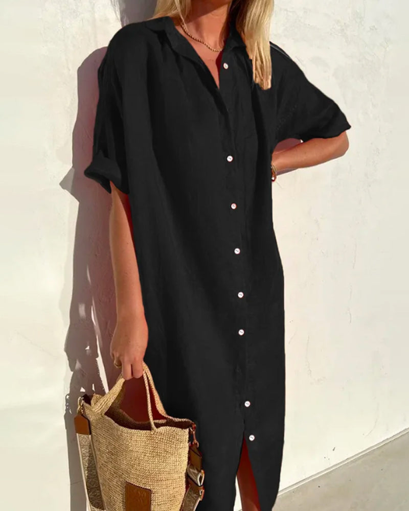 Hooded Button-Front Cotton Midi Shirt Dress for Women