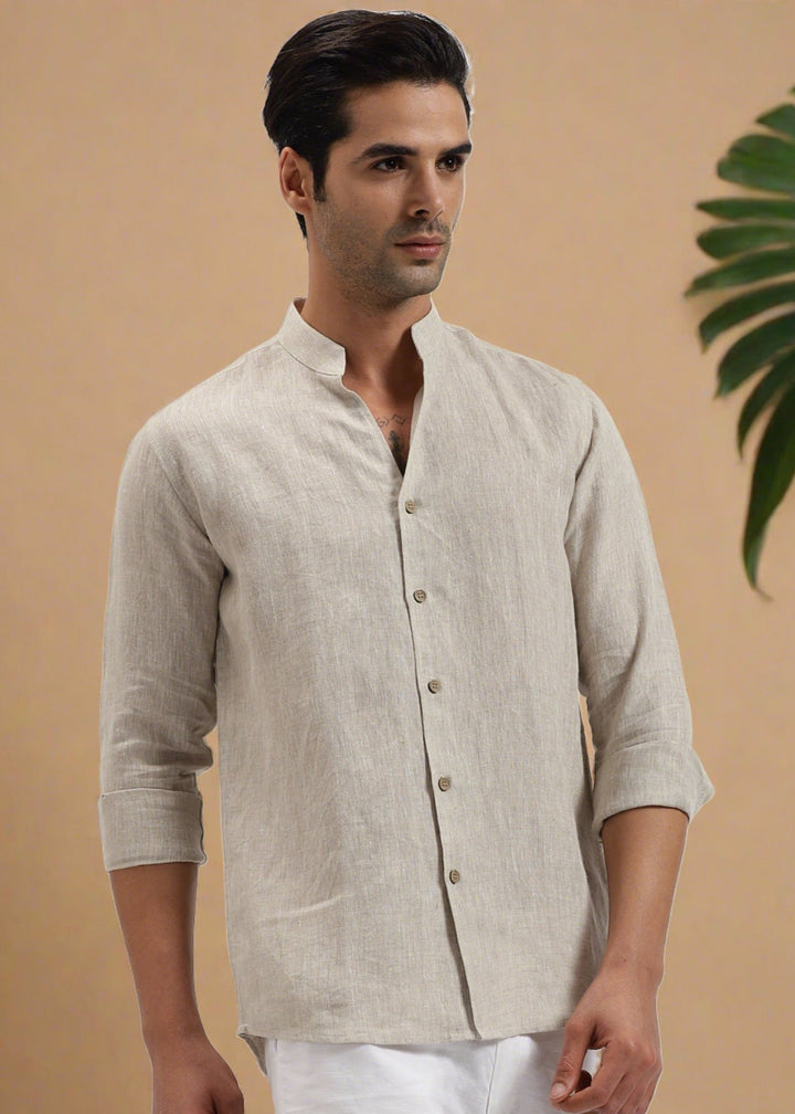 Craig Pure Linen V-Neck Mandarin Collar Shirt for Men