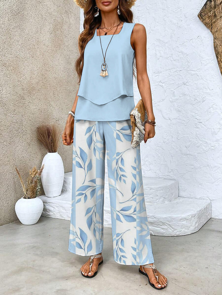 Blue Floral Two-Piece Summer Set with Square Neckline