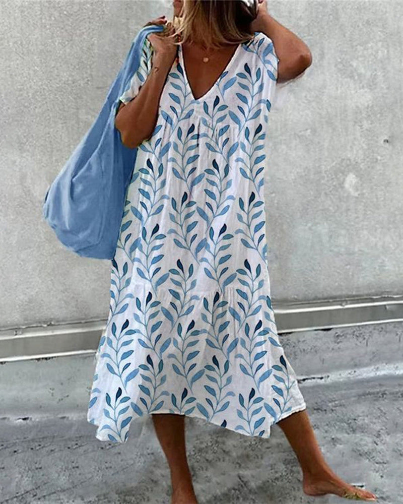 Leaf Print Flowy Midi Dress in Botanical Print