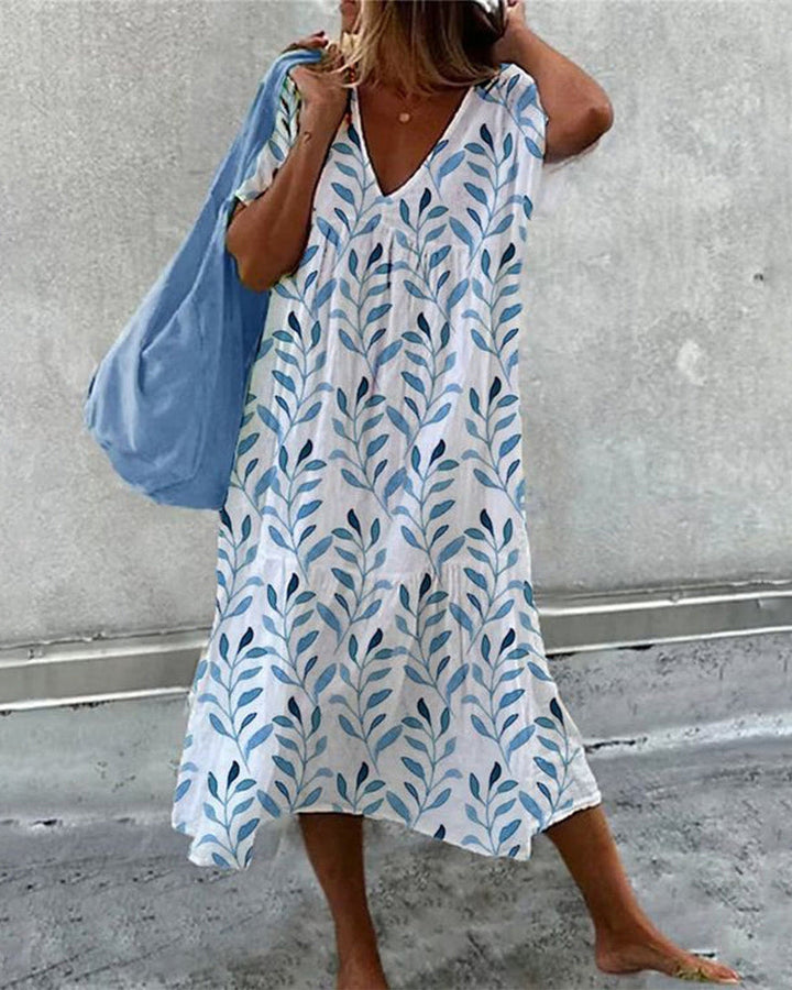 Leaf Print Flowy Midi Dress in Botanical Print