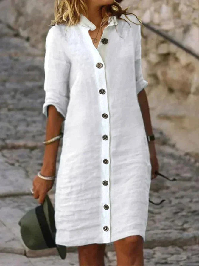 Classic Woven Dress with a V-Neckline and Flared Skirt