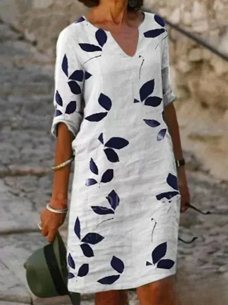 Floral Print Half-Sleeve Dress with a Light, Easy Fit