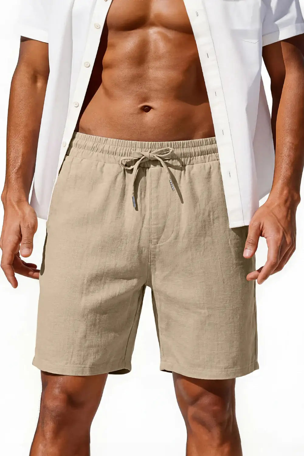 Drawstring Casual Linen Shorts in Khaki for Men
