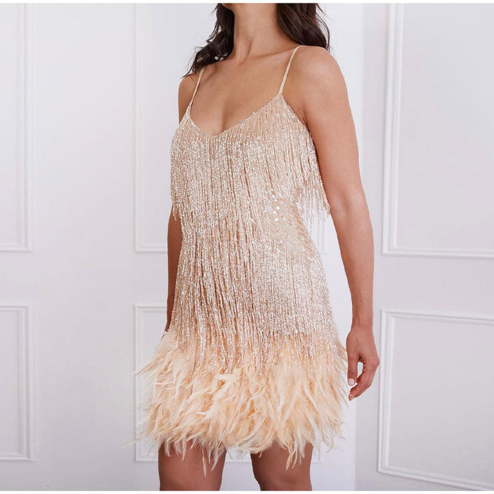 Elyssie Sequin Cocktail Dress with Feather Hem