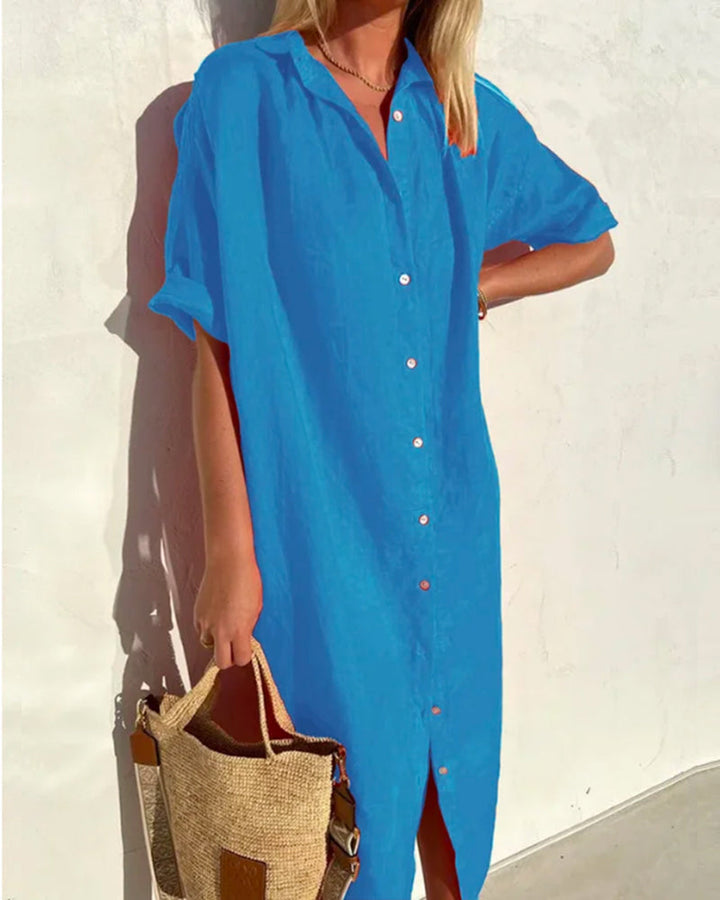 Hooded Button-Front Cotton Midi Shirt Dress for Women