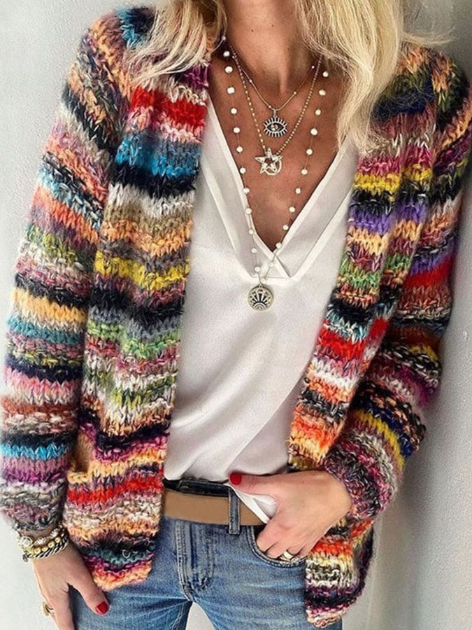 Striped Knit Cardigan in a Cotton Blend for Women