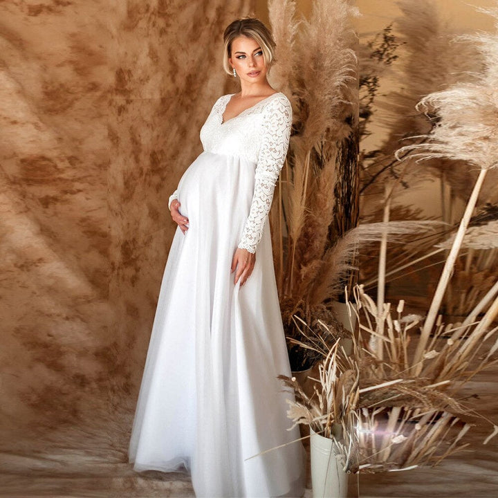 Lace Maxi Dress with V-Neck for Expectant Mothers