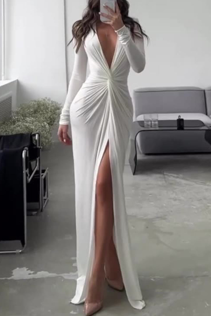 V-Neck Dress with Pleated Décolleté Detail
