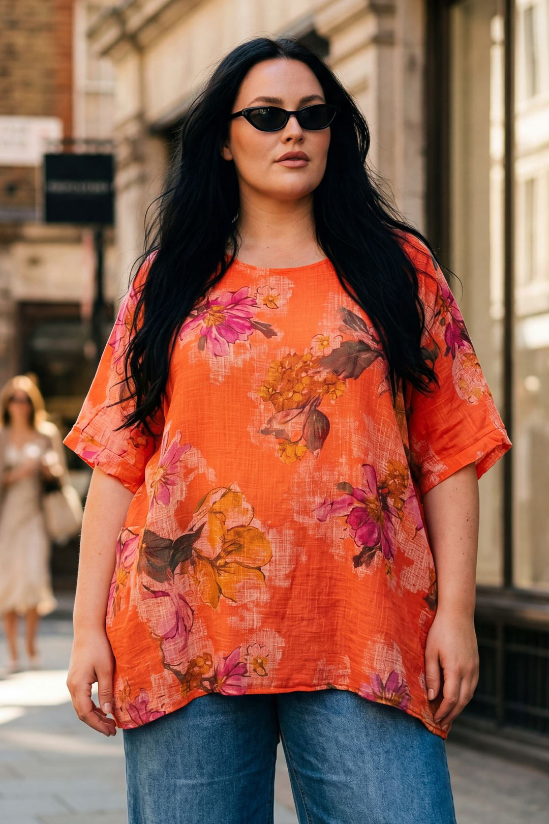Floral Print Two Front Patch Pockets Oversized Cotton Top — Orange
