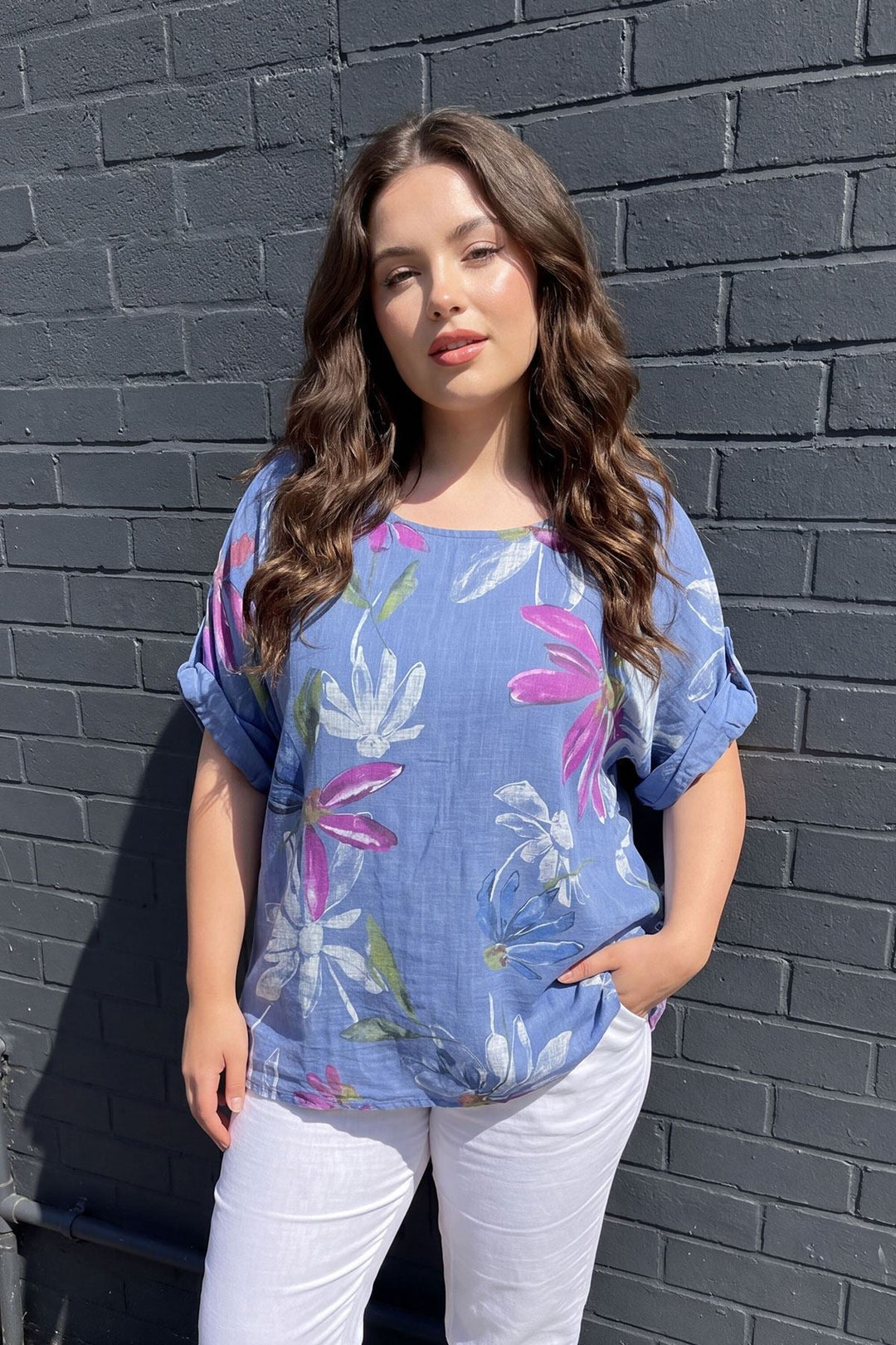 Floral Print Oversized Tunic Cotton Top for Women - Denim Blue