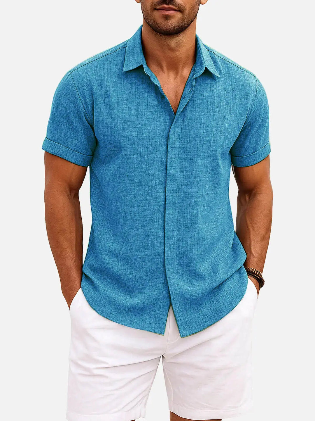 Linen Cotton Blend Short Sleeve Shirt for Men - Denim Blue