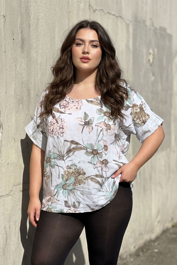Tropical Floral Print Tunic Cotton Top for Women