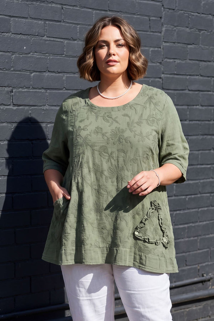 Floral Embroidered Pattern Front Pocket Cotton Top for Women - Khaki