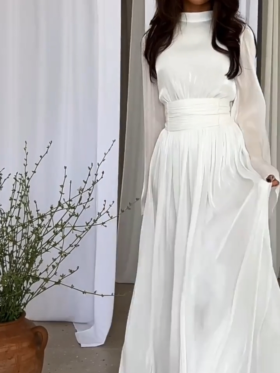 Long Maxi Dress with Pleated Waist and Raised Collar