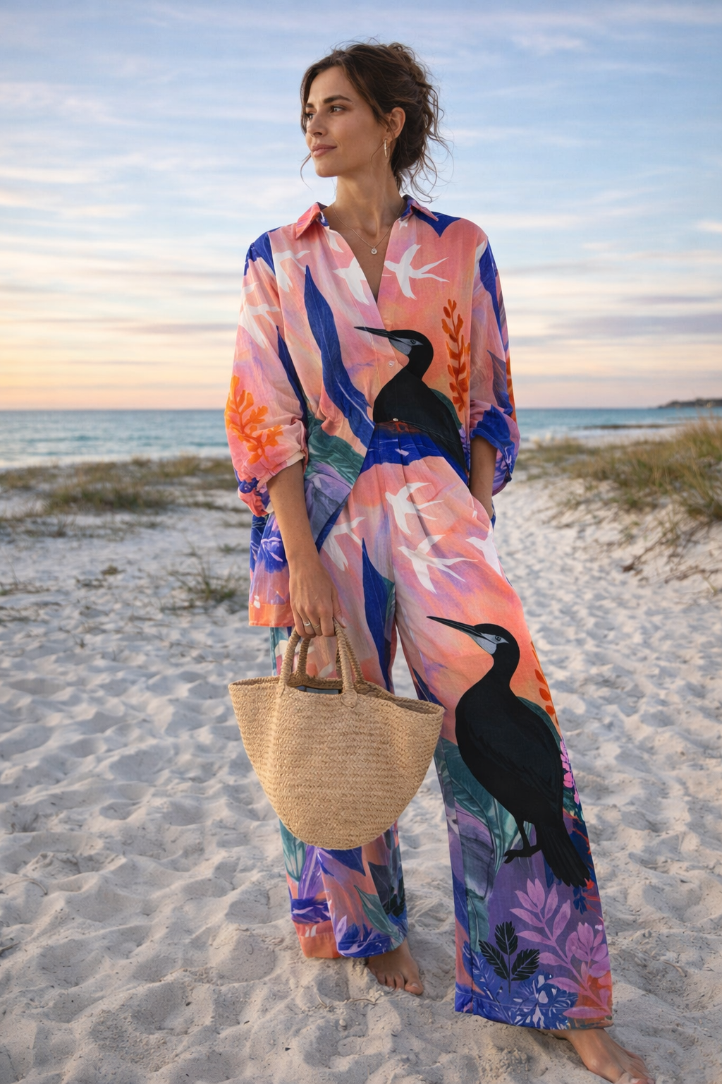 Summer Print Button-Up Shirt and Wide-Leg Trousers Set