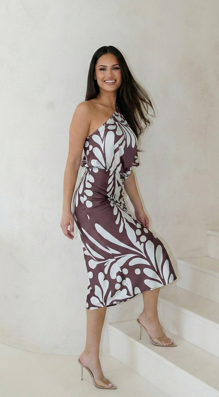 Rhodes One Shoulder Satin Midi Dress - Brown Blue — gallery