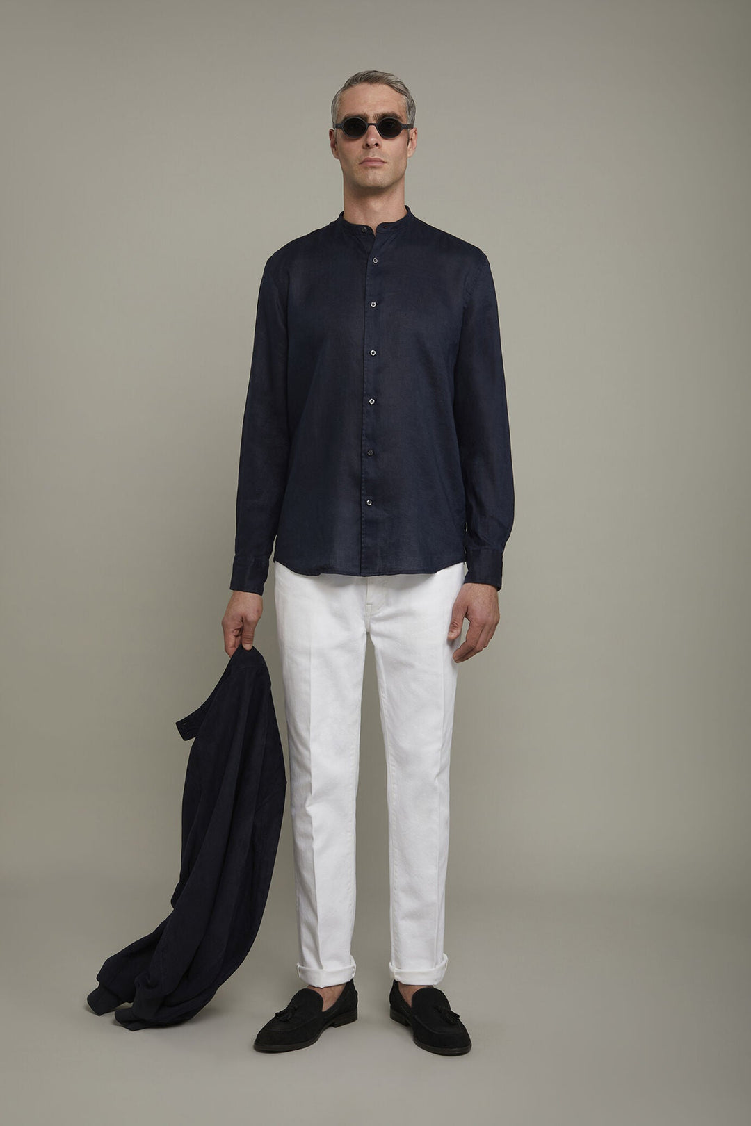Korean Collar Pure Linen Comfort Shirt for Men — DK BLUE