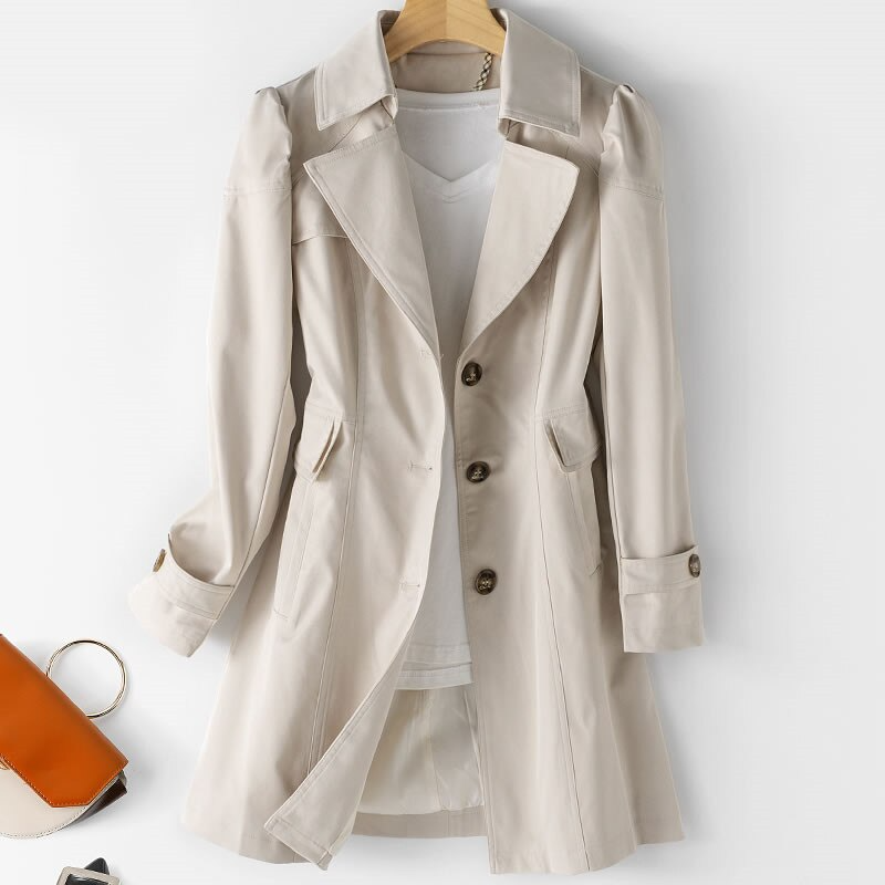 One-Button Trench Coat with Padded Shoulders for Women