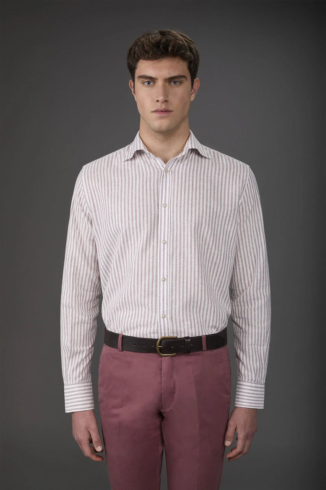 French Collar Striped Washed Linen Cotton Shirt for Men