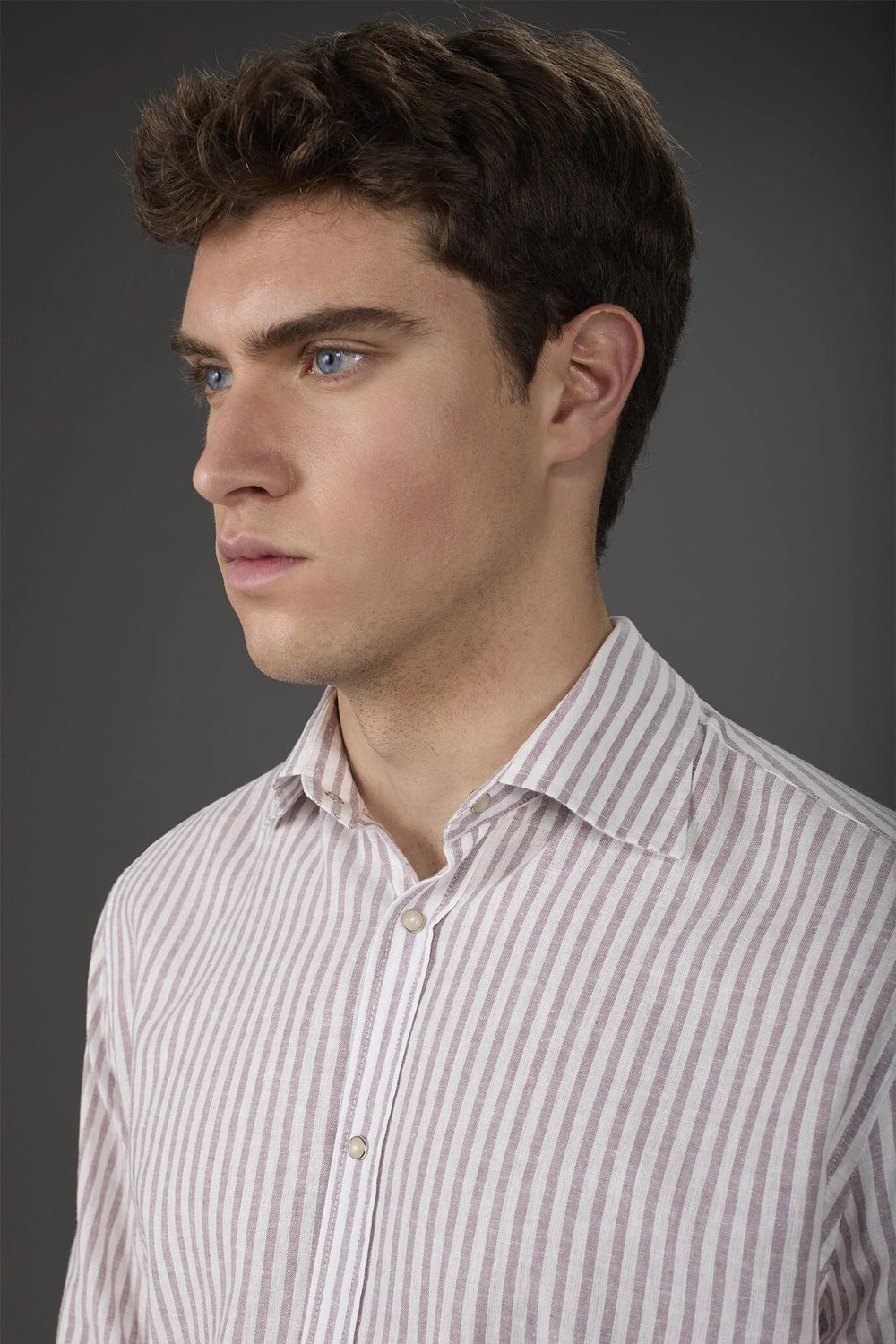 French Collar Striped Washed Linen Cotton Shirt for Men — gallery