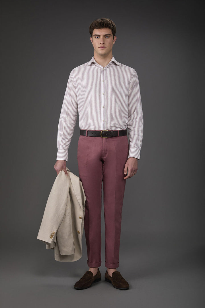 French Collar Striped Washed Linen Cotton Shirt for Men — gallery