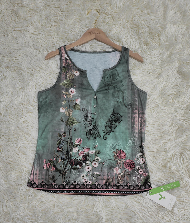 Floral Watercolour Sleeveless Top with Deep V-Neckline