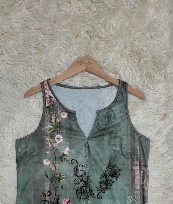 Floral Watercolour Sleeveless Top with Deep V-Neckline