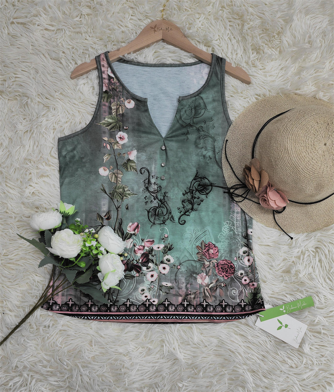 Floral Watercolour Sleeveless Top with Deep V-Neckline
