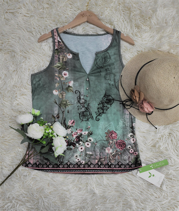 Floral Watercolour Sleeveless Top with Deep V-Neckline