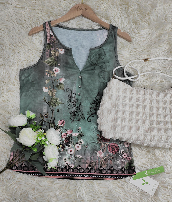 Floral Watercolour Sleeveless Top with Deep V-Neckline