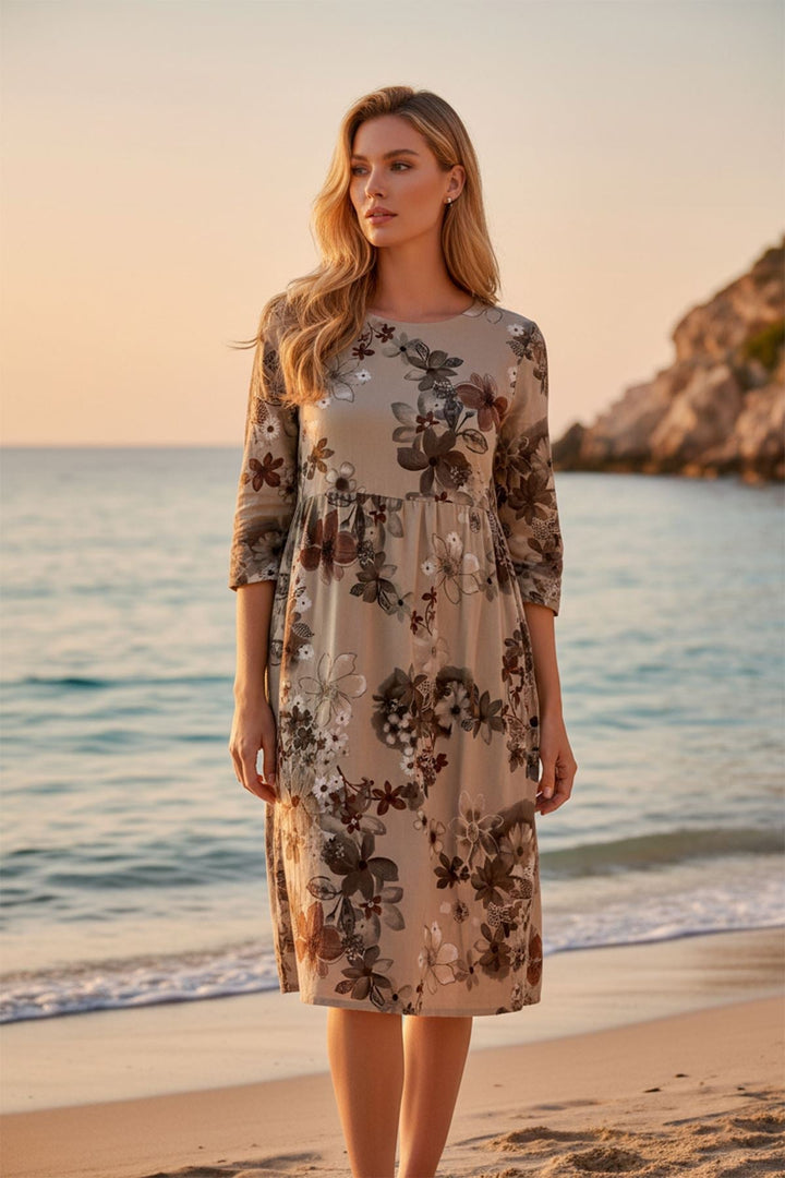 Floral Print Empire seam Waist Cotton Dress — Beige