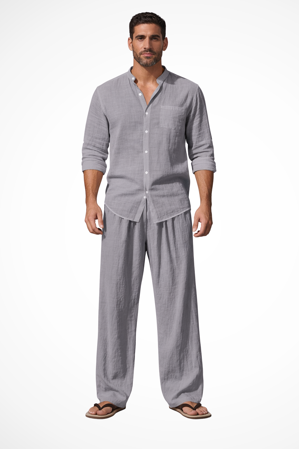 Liam Grandad Collar Linen Shirt and Trousers Set for Men - Grey