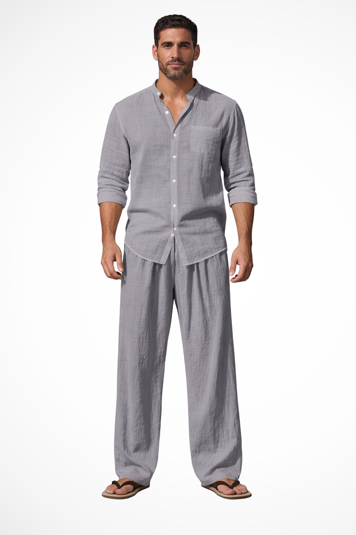 Liam Grandad Collar Linen Shirt and Trousers Set for Men - Grey