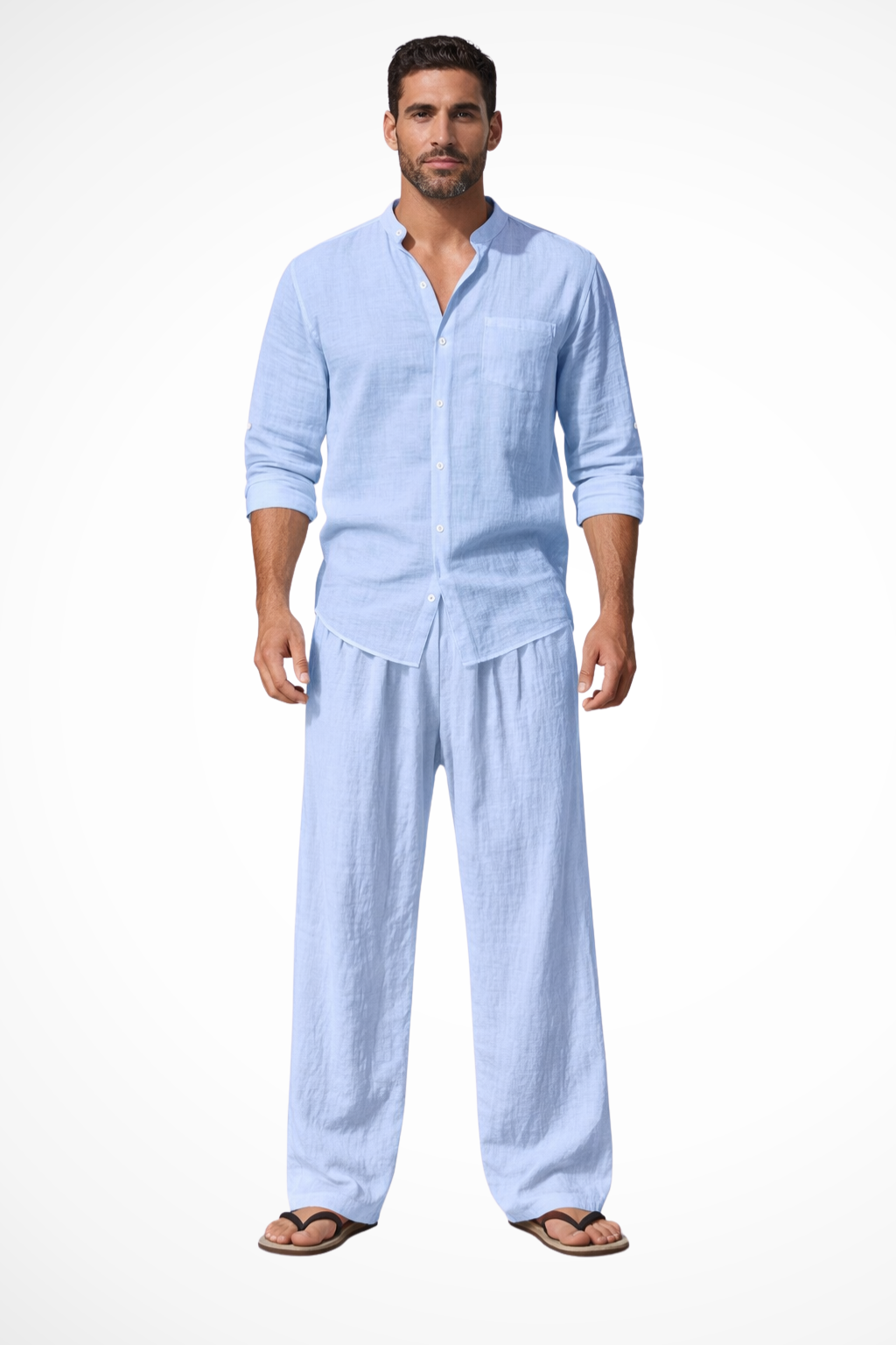Liam Grandad Collar Linen Shirt and Trousers Set for Men - Blue