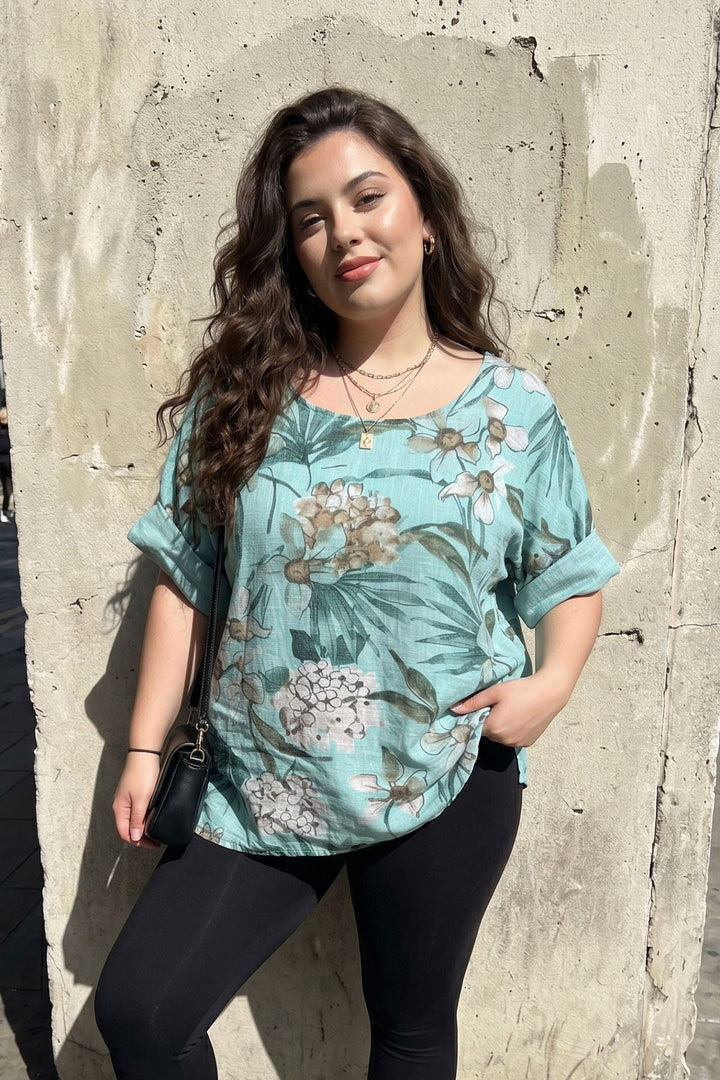 Tropical Floral Print Tunic Cotton Top for Women - Mint Green