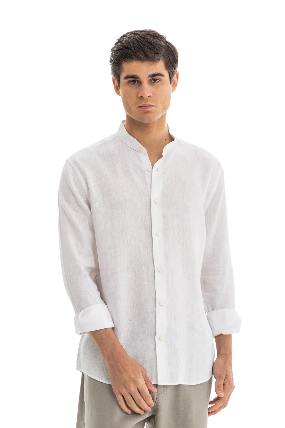 White Semi Collar Pure Linen Shirt for Men