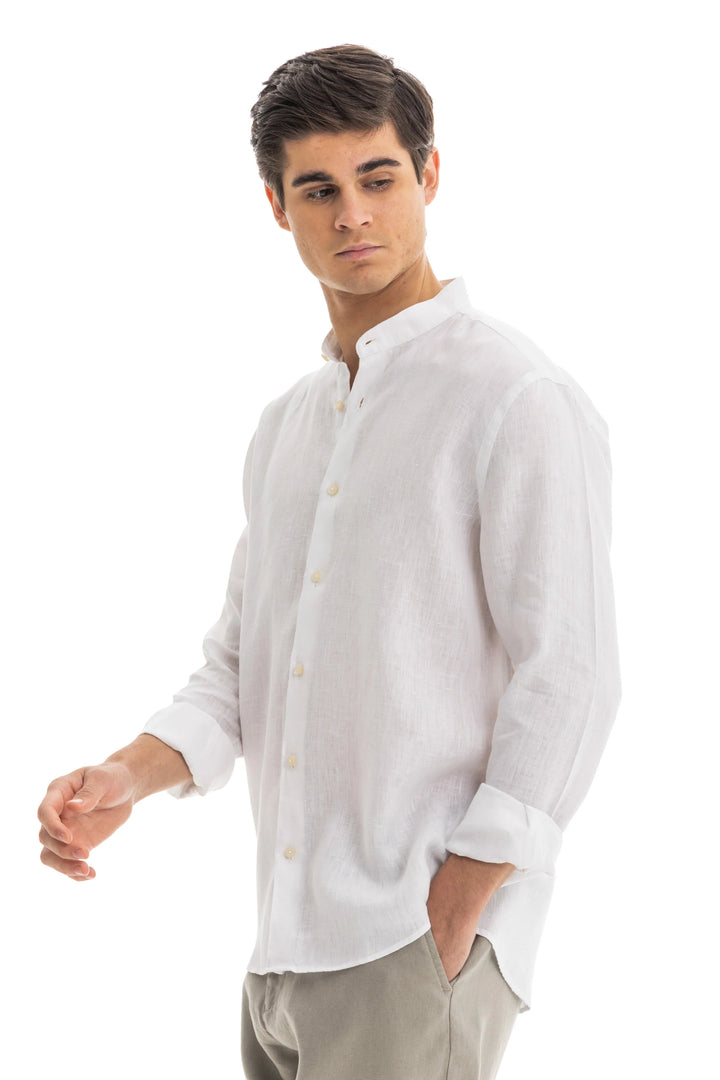 White Semi Collar Pure Linen Shirt for Men - gallery