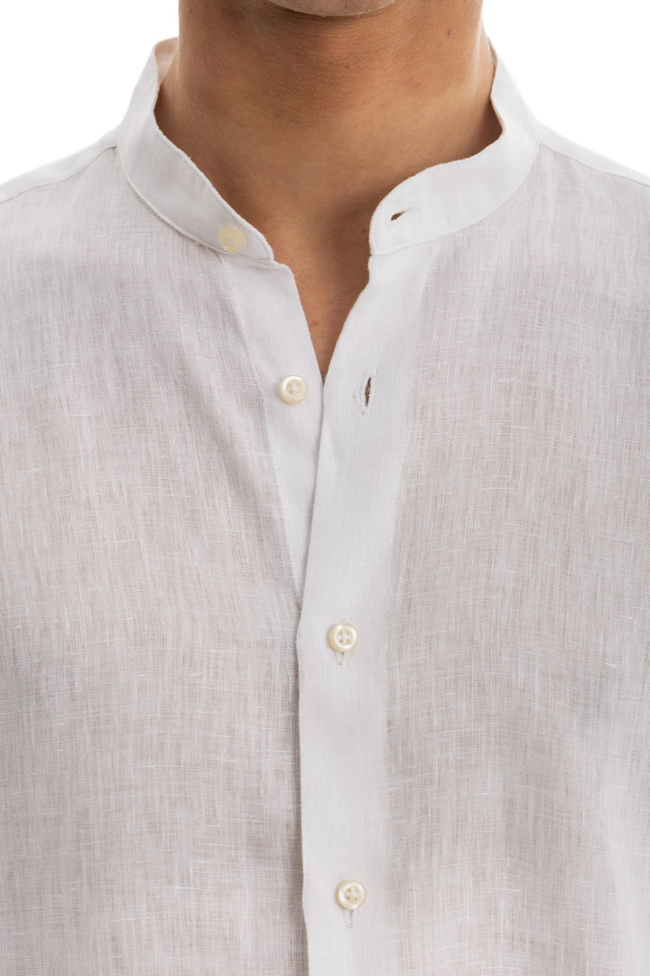 White Semi Collar Pure Linen Shirt for Men - gallery