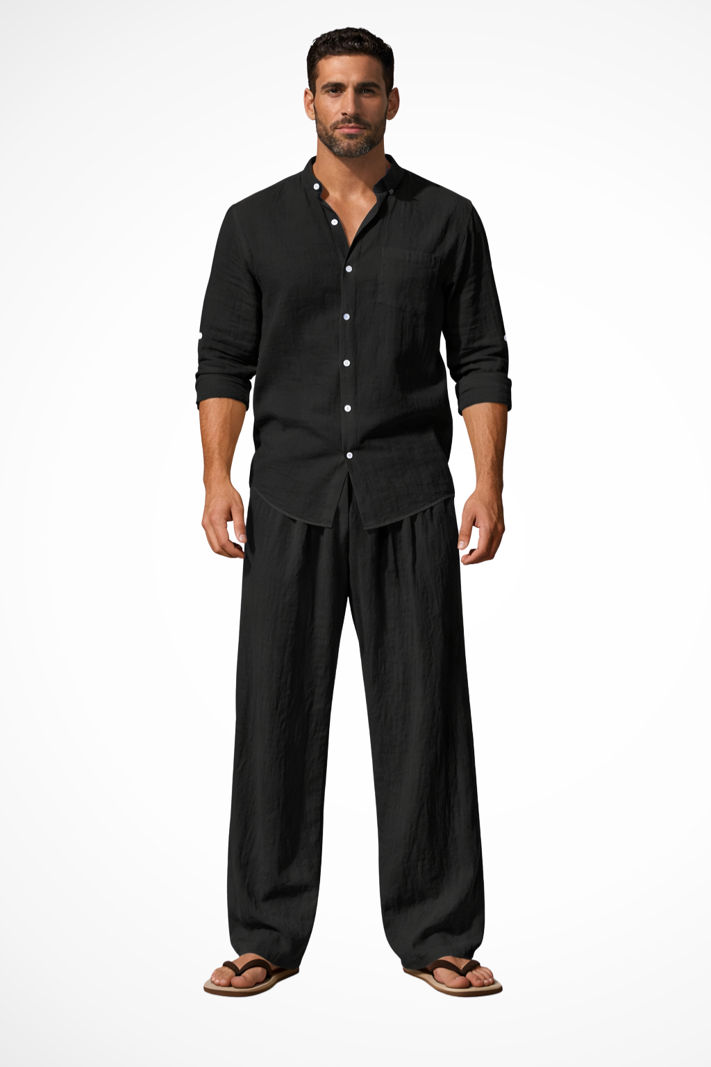 Liam Grandad Collar Linen Shirt and Trousers Set for Men