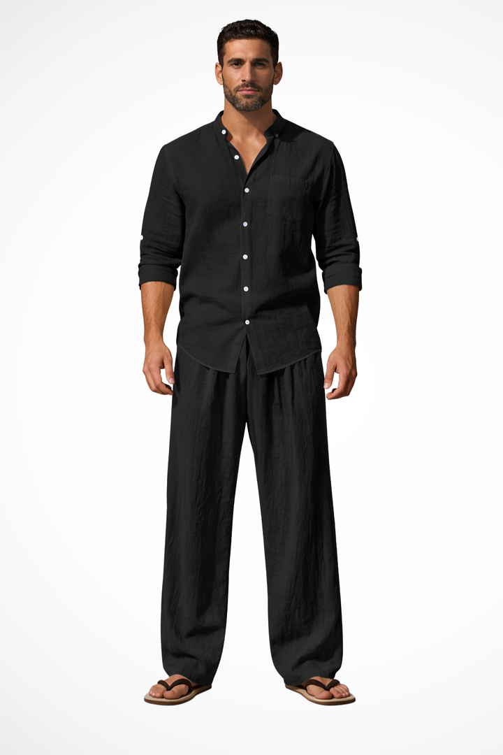 Liam Grandad Collar Linen Shirt and Trousers Set for Men