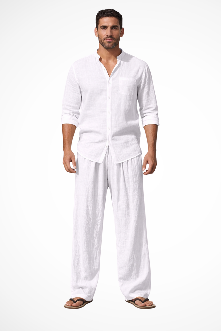 Liam Grandad Collar Linen Shirt and Trousers Set for Men - White
